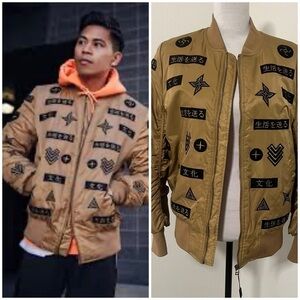 American Stitch Menβs Med Tan and Black Varsity Bomber Jacket with Patch Details